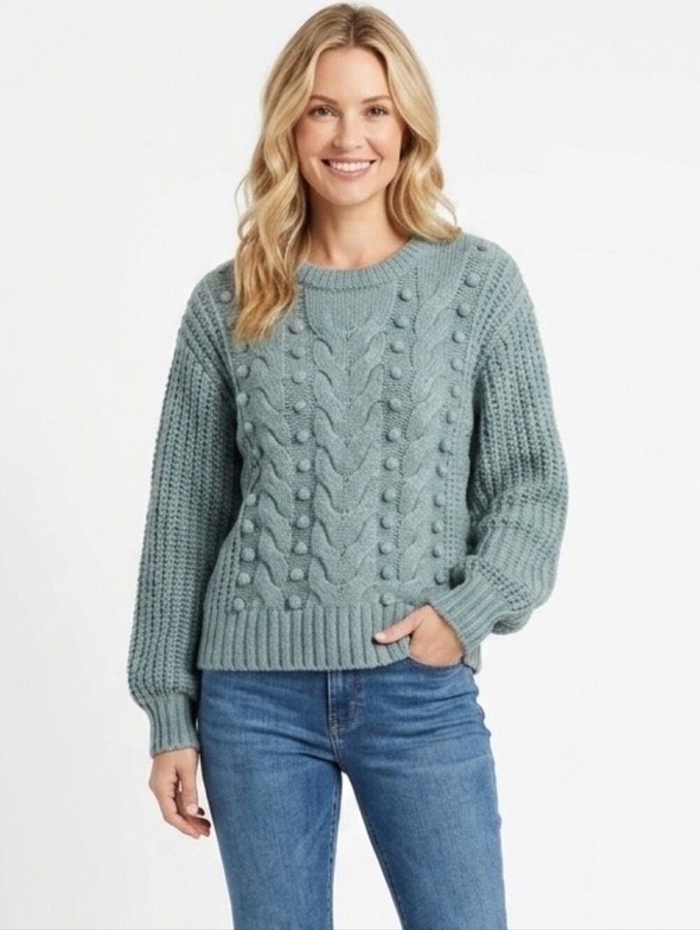 NWOT Evolution By Cyrus Knit Pom Pom Sweater Light Blue XL